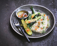 Courgettes rôties, merlan et sauce vierge