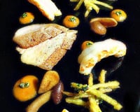 Mer et montagne de mignons et gambas façon empordaise au bouillon de volaille Ariaké