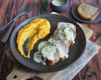Filet mignon de porc, sauce au roquefort et sa purée de légumes