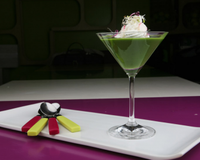 Velouté froid de fanes de radis, mousse de chèvre aux cérales, copeaux et pousses de radis roses