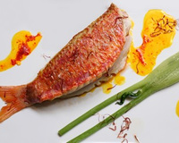 Rouget barbet poêlé, aux fenouils, jus de légumes parfumé au pistil de safran et yaourt