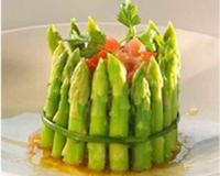 Délicieuse entrée aux asperges et tomates avec sa vinaigrette à la chicorée.