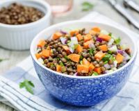 Salade de lentilles vertes, carottes et oignon rouge