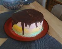 Recette de gâteau Nutella avec une base sponge cake et un glaçage arc en ciel.