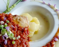 Espadon en confit de chorizo sur soupe de pommes de terre à l'huile de pistache