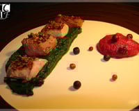 Duo de Canard Fermier des Landes aux 5 épices, émulsion d'épinard et purée de betteraves