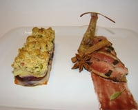 Suprême et cuisse de pigeon roti truffé sous la peau, mille-feuille de légumes oubliés en crumble de mendiants, jus réduit aux épices