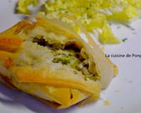 Brick de poireaux sur lit de rillettes de poulet