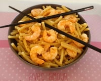 Crevettes sautées à l'ail et piment d'Espelette, pâtes au basilic