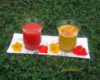 2 soupes : l'une au poivron jaune au safran, l'autre au poivron rouge tabasco