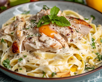 Tagliatelles, émincés de poulet grillé, sauce citron vert menthe