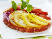Carpaccio de Tomates de France multicolores, cumin et coriandre fraîche