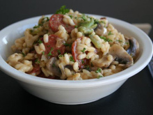 Risotto aux champignons, fève et chorizo