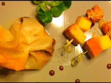 Aumônière d'Automne: Ris de veau laqué, salsifis et girolles. Sauce au vin de noix