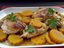 Poulet Fermier d'auvergne en fricassée au vieux vinaigre de vin, gratin de potimarron