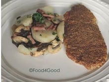 Filets de Colin-lieu en panure de noisettes, poêlée de topinambours, champignons et lardons fumés