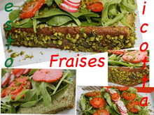 Tarte pistache maison et garniture ricotta pesto pistache, couverture de roquettes, pousse d'épinards, radis roses et fraises