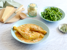 Cuisses de poulet à la crème d’amandes et haricots vert à l’ail