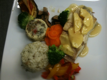 Ombrine corse rôtie au pommes, coulis de cidre