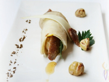 Cannelloni épicé de chèvre et céleri  aux châtaignes, magret et oranges