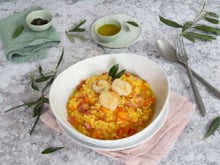 Risotto au potimarron, Saint-Jacques et bacon croustillant