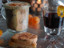 Foie gras au banyuls rouge, kumquate confit, épices et trait de cacao amer...