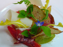 Tomates anciennes, parmesan et Jambon Bellota