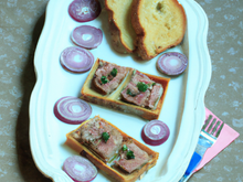 Terrine de lapin servie avec des tartines de pain aux oignons