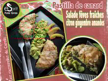 Pastilla de canard aux fèves fraiches et salade de fèves