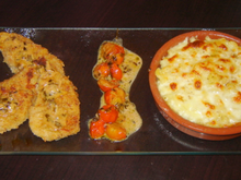 Escalope à la milanaise sauce aux tomate cerise et gratin de pâtes