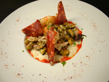Risotto de fruits de mer à la plancha - coulis de poivrons doux