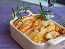 Tian de légumes et poulet sauté crème d'échalote, roquette et mâche