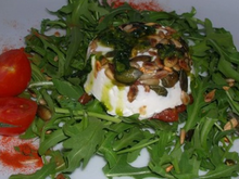 Timbale de chèvre aux tomates confites, sauce pesto