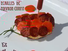 Médaillon de lotte en écailles de chorizo et poivrons confits coulis poivron framboises