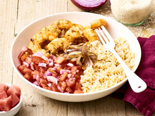 Crevettes marinées, salsa, riz sauté