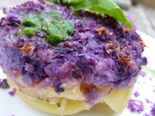 Gratin à la sablée de chou fleur violet, émulsion de basilic