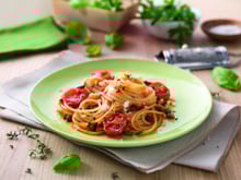 Spaghetti bio aubergines, thym et fromage de chèvre