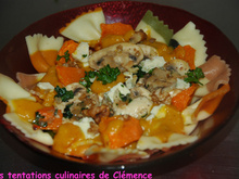 Farfalle aux champignons, 2 potirons, bleu et noix