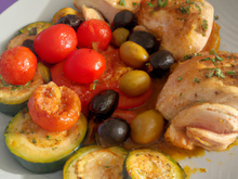Chapon aux olives, tomates, courgettes et ras el hanout