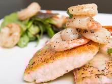 Saumon en papillote et crevettes sur lit de jeunes pousses