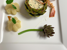 Langoustine Bretonne, pâte de pistache, artichaut fondant