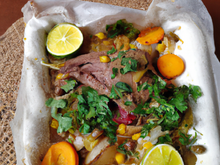 Papillote tagine de canard et petits légumes au citron confit et coriandre