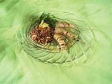 Salade de riz complet à l'oriental, brochette de queues de gambas, vinaigre balsamique