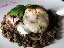 Merlu grillé sur lit de lentilles au lard