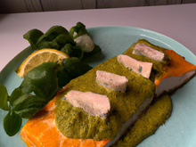 Mousseline de cabillaud au saumon et son pesto de mâche