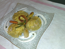 Raviole de printanière de légumes et bacon au chavroux