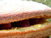 Gâteau au yaourt, lemon curd au basilic & framboises