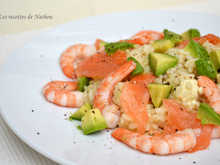 Risotto au saumon fumé, crevettes et avocat, feta et citron vert...