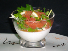 Panna cotta au chèvre et son granité à la tomate