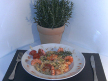 Fusili, fusilis, scampis, tomates séchées et crème de Roisin